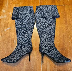 Leopard Print Grey Blue Denim Over the Knee Heeled Boots Size 9.5 Ashro